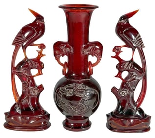Chinese Cherry Amber Resin Vase & Birds 3pc LOT