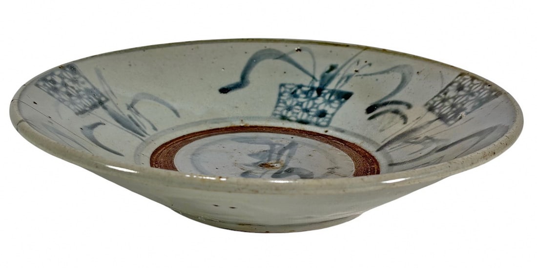 Chinese Ming Zhangzhou Swatow Ware Bowl: Zhangzhou (Swatow) ware bowl, a wide shallow ceramic bowl with pale grey glaze and mottled dark-olive floral or foliate brushwork around the interior wall.Dimensions: 2.25 X 10.25 X 10.25 in. Conditio