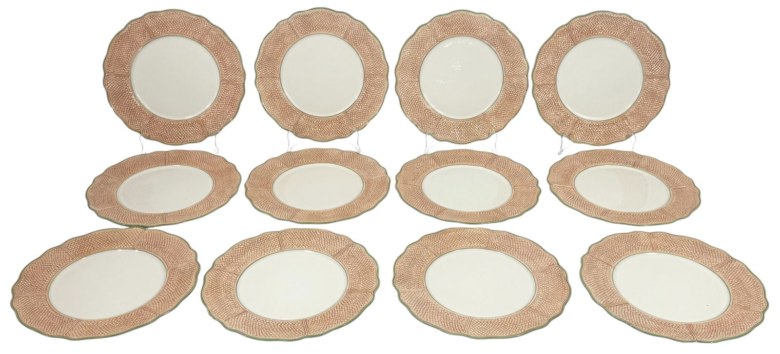 Vietri Italian Ceramic 12" Dinner Plates 12pc SET: Set of twelve Vietri Italian ceramic dinner plates. Each plate features a textured basketweave motif in a warm terracotta color on the border, contrasted by a soft green scalloped rim and a clean whit