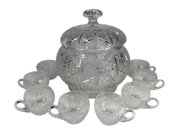 American Clear Cut Crystal Punch Bowl & 8 Cups SET