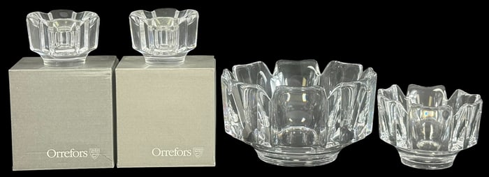 Orrefors Crystal Candle Holders & Bowls 4pc LOT