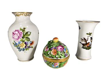 Herend Hungarian Porcelain Vases & Box 3pc LOT