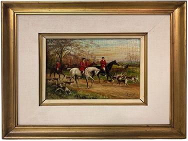 French Hunting Scene Oil Painting on Wood SIGNED