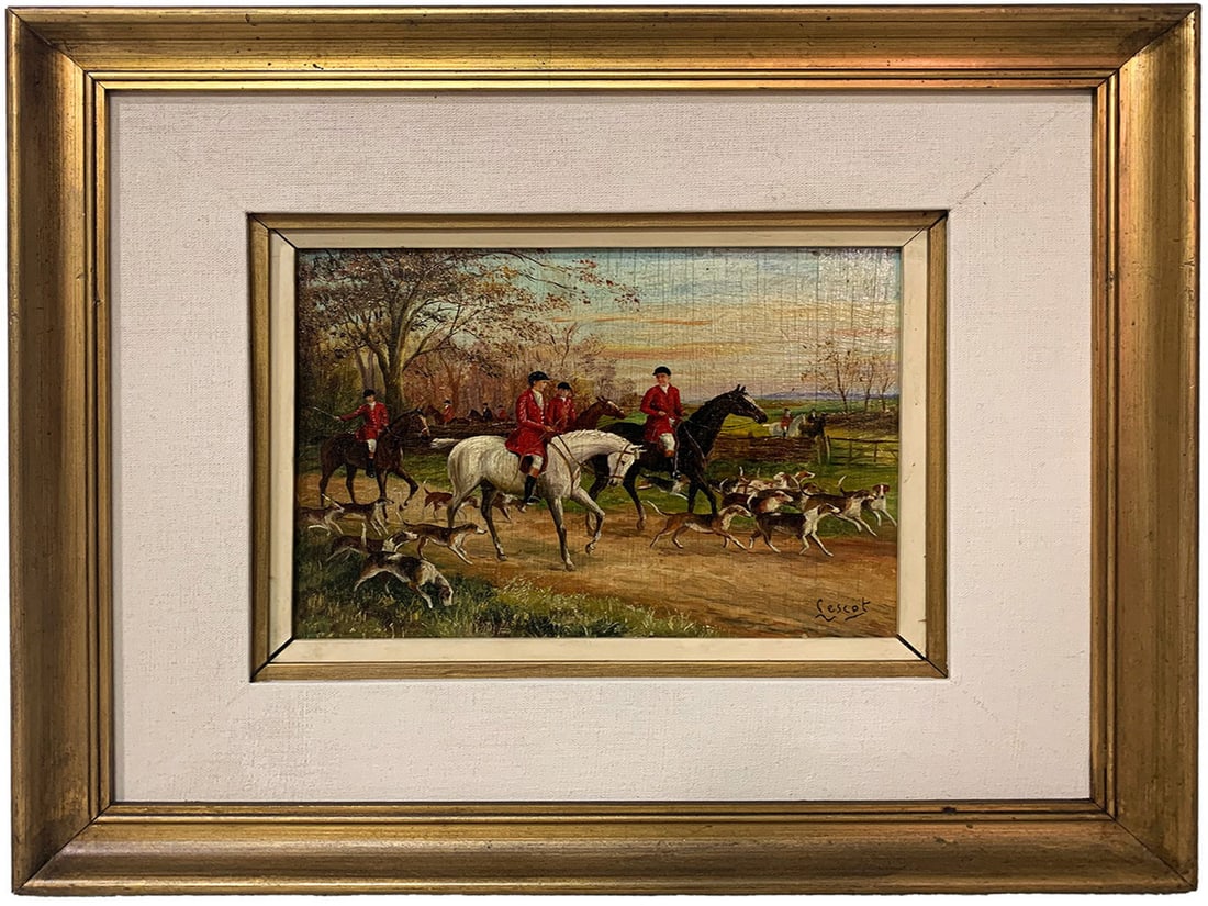French Hunting Scene Oil Painting on Wood SIGNED (1 of 5)