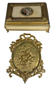 VTG Bronze Bakelite Music Box & Plaque 2pc LOT