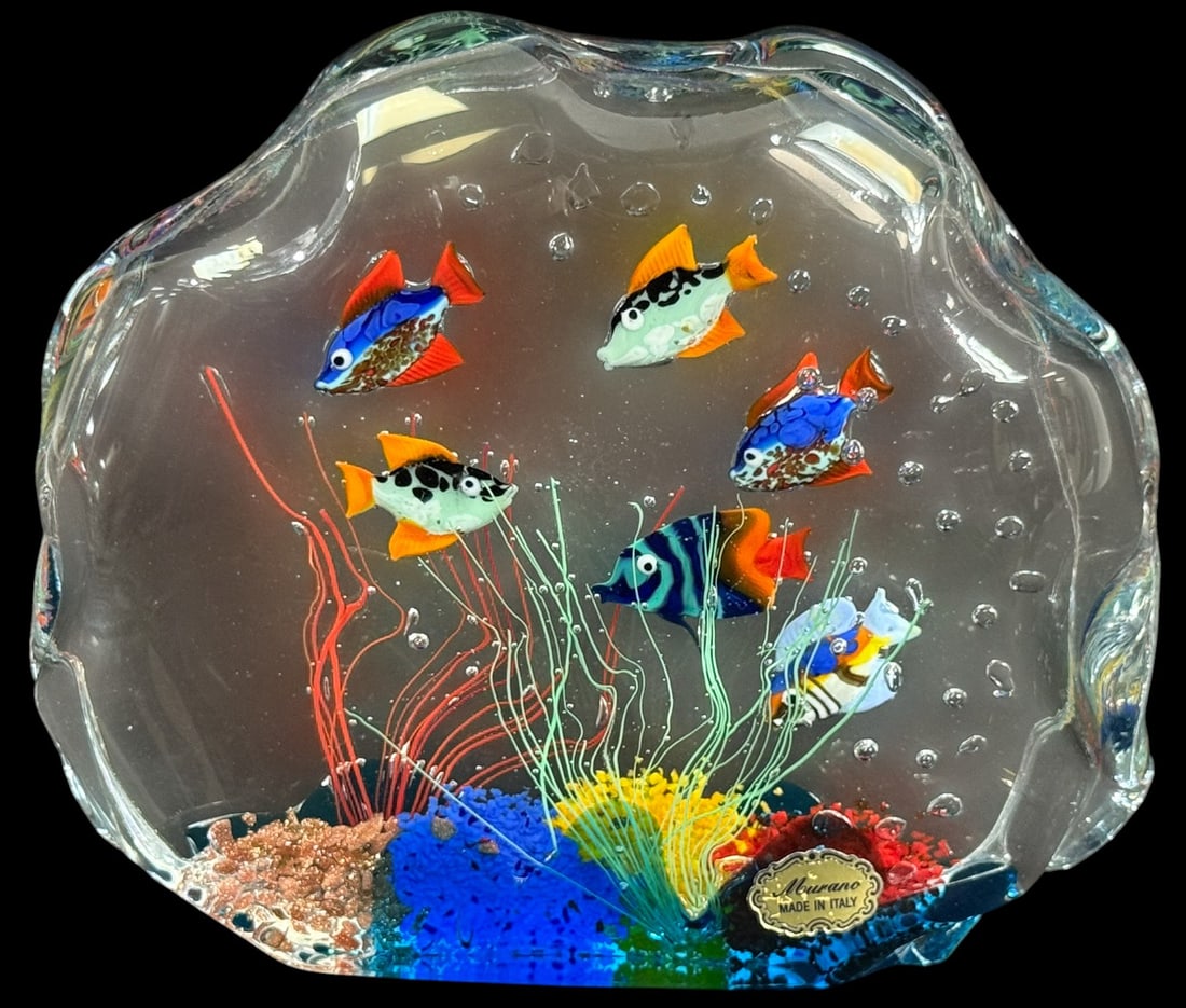 Italian Murano Art Glass Aquarium Fish Sculpture: Vintage Italian Murano art glass aquarium sculpture. This freeform piece features a dynamic underwater scene with colorful millefiori-style tropical fish swimming among coral and aquatic plants, all e