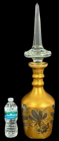 Large Amber Satin Glass Floral Motif Decanter 26"