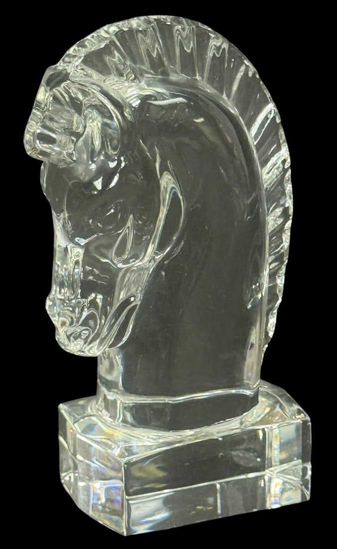 Steuben Crystal Horse Sculpture by Sidney Waugh: Steuben crystal bust paperweight sculpture of a horse head, designed by renowned artist Sidney Waugh. It rests on a solid rectangular base and is signed 'Steuben' in script underneath. Accompanied by