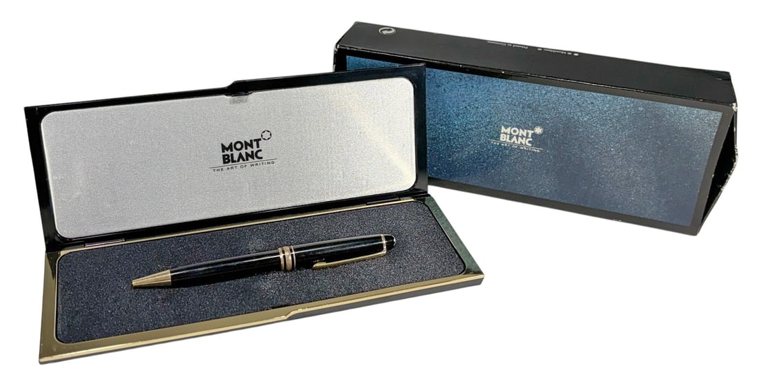 Montblanc Meisterstuck 164R German Ballpoint Pen: Montblanc Meisterstuck Classique 164R ballpoint pen with black resin body, signature trim, white star emblem, twist mechanism, and original presentation case with outer box. Measures approximately 5.3