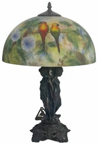 Nouveau Style Reverse Painted Parrot Table Lamp