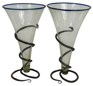 Pair of Blown Glass Vases w/ Wrought Iron Bases
