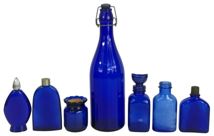 Vintage Cobalt Blue Factory Glass Bottles 8pc LOT