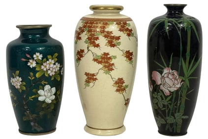 Japanese Satsuma & Cloisonne Vases/Urns 3pc LOT