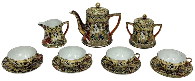 Japanese Satsuma Hand-Painted Porcelain Tea Set