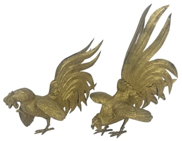 Pair of Brass Japanese Fighting Rooster Sculptures