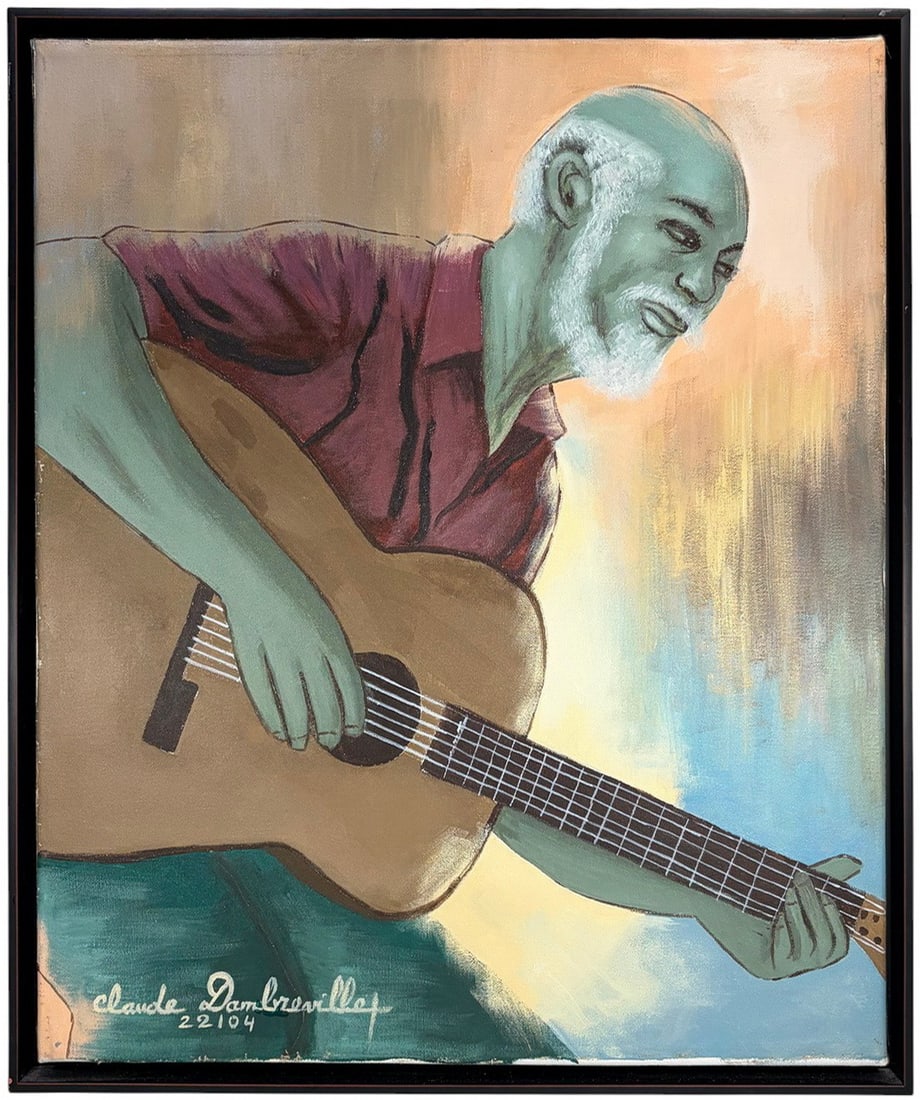 Claude Dambreville Haitian Painting on Canvas: Claude Dambreville (Haitian, born 1934) original painting on canvas depicting a seated musician playing guitar, rendered in muted earth tones and blues. Signed and dated 2004 to the lower left. Presen