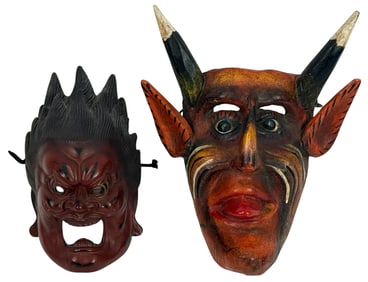Hand Carved Wooden Devil & Demon Masks 2pc LOT