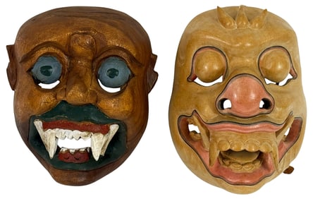 Hand-Carved 7 Painted Wooden Demon Masks 2pc LOT