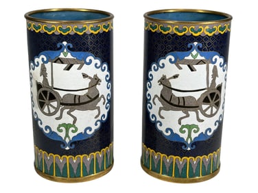 Pair of Chinese Bronze Cloisonne Cylinder Vases