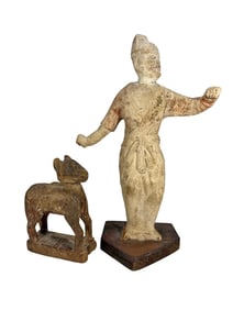 Chinese Tang Dynasty Style Pottery & Wood Fig 2pcs