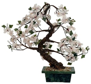 Chinese Rose Quartz & Jade Bonsai Tree Sculpture