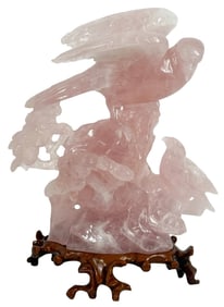 Chinese Rose Quartz Carving of Birds & Blossoms