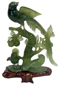 Chinese Hand Carved Jade Bird & Floral Sculpture