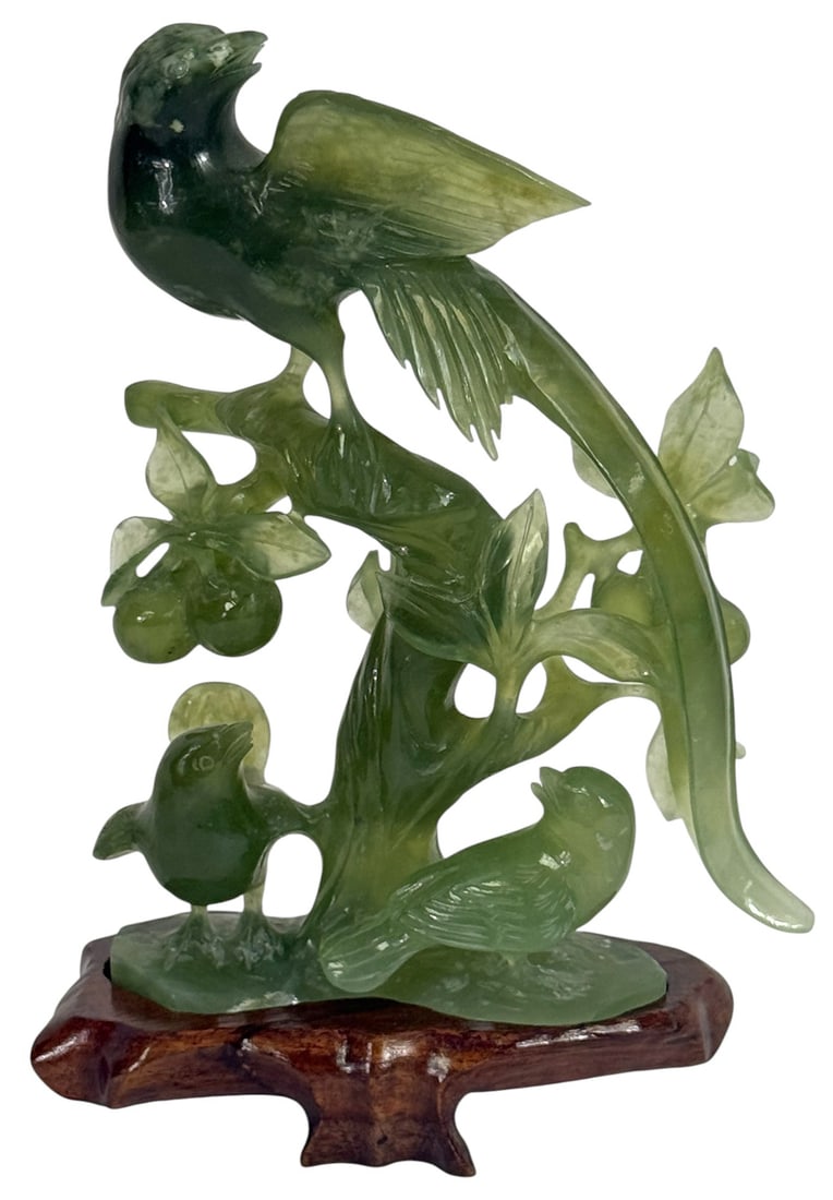 Chinese Hand Carved Jade Bird & Floral Sculpture (1 of 6)
