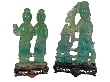 Chinese Green Jade Carved Figures 2pc LOT