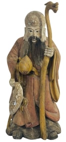 Heavy Chinese Carved Wood Figure of Shou Lao