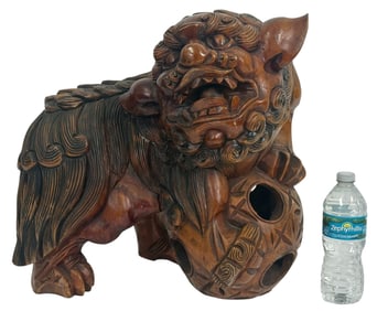 Large Chinese Carved Wooden Foo Dog w Puzzle Ball