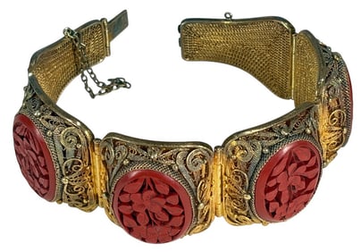 Chinese 925 Gilt Silver Cinnabar Filigree Bracelet