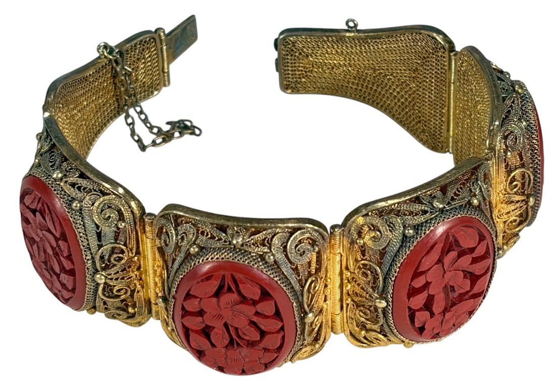 Chinese 925 Gilt Silver Cinnabar Filigree Bracelet (1 of 7)
