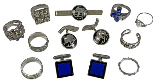 Sterling 925 Cufflinks, Tie Clip & Rings 13pc LOT