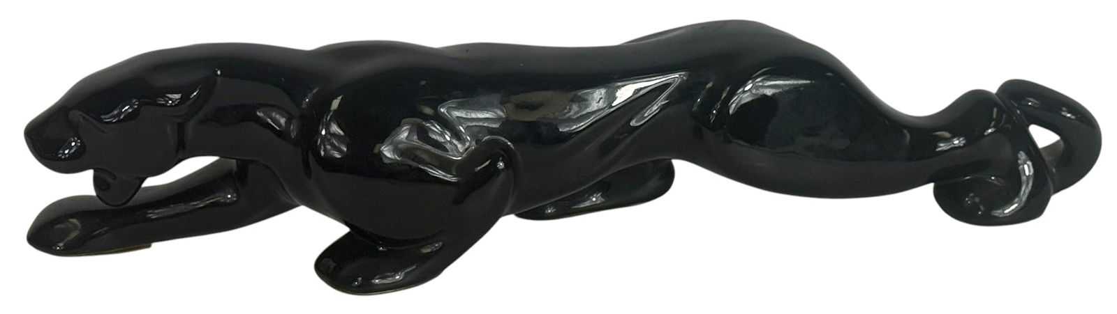 Mid-Century Black Panther Ceramic TV Lamp: Mid-century ceramic TV lamp features a sleek black panther in a prowling stance, rendered in high-gloss black glaze. A quintessential example of 1950s American design, this sculptural piece was origin