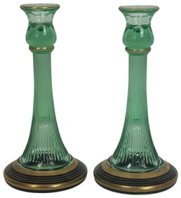 Pair of Ribbed Uranium Glass Enameled Candlesticks