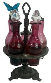 Victorian Cranberry Glass Cruet Set w/ Caddy 5pcs