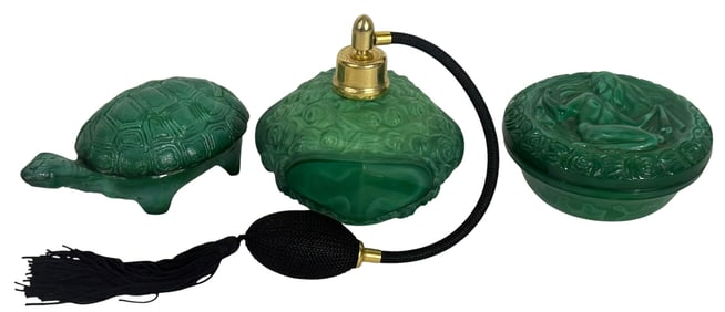 Malachite Green Glass Estate Vanity Items 3pc LOT