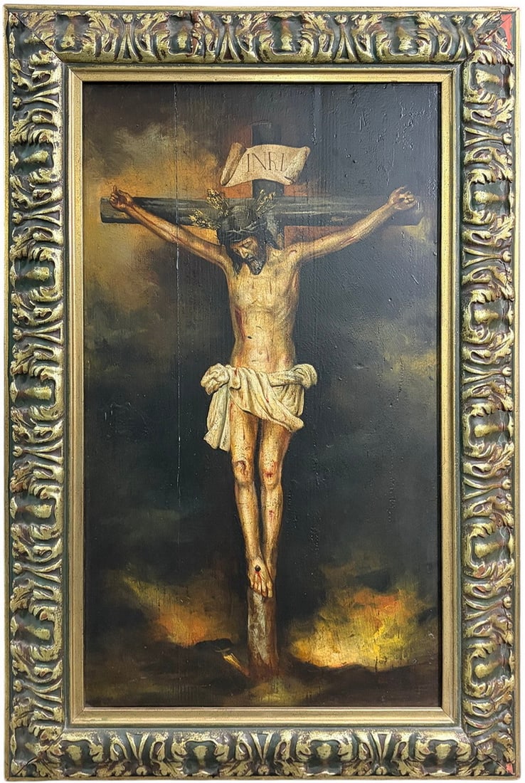 Antique Jesus Christ Oil Painting on Wood: Antique oil painting on wood panel depicting the crucifixion of Jesus Christ, with INRI plaque. Set against a dark ground; and housed in a carved gilt wooden frame.Work Size: 27.5 x 15.75 in.Dimension