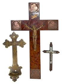Antique Bronze, Wood & M.O.P Crosses 3pc LOT
