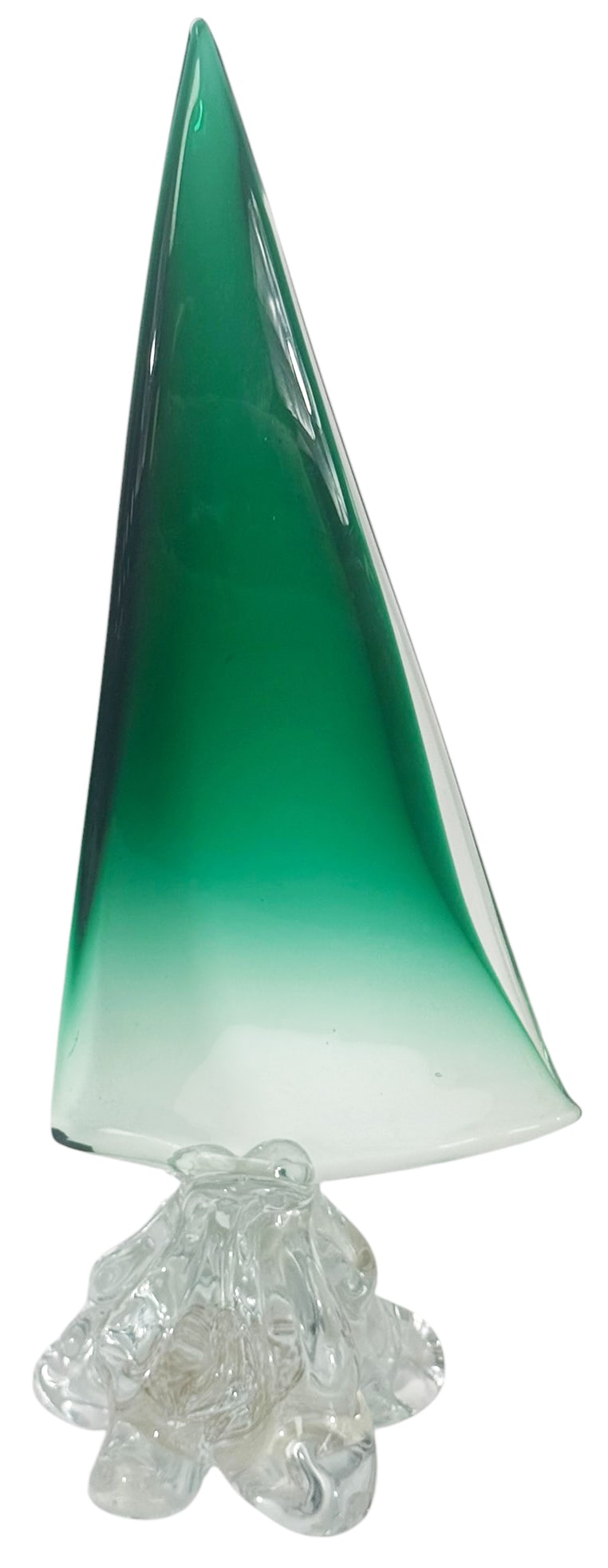 Murano Style Green & Clear Art Glass Sailboat: Mid-century style art glass sculpture in the form of a stylized sailboat, featuring a sleek, elongated green glass sail that transitions into clear glass toward the base. The sail is mounted on a free