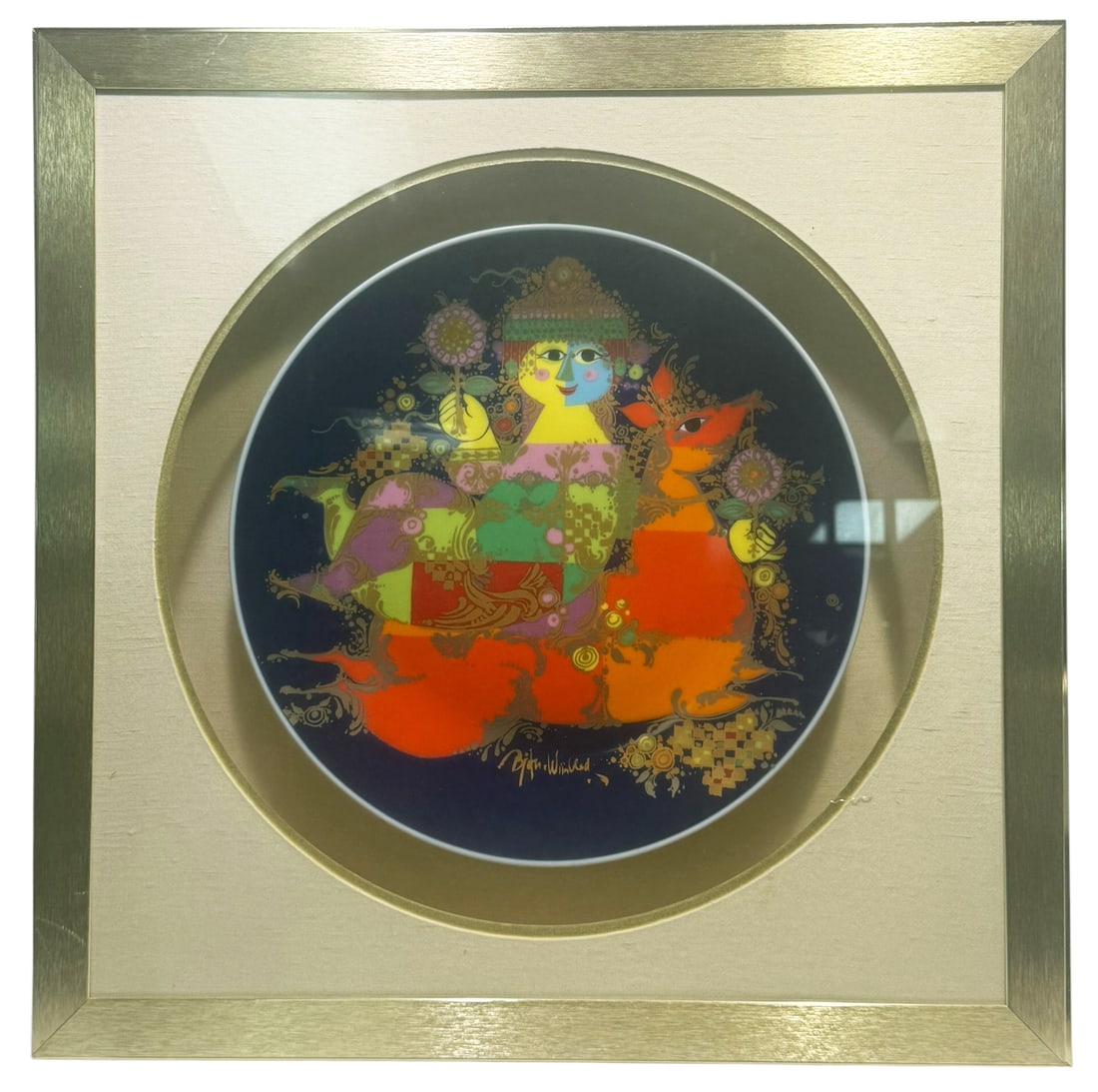 Bjorn Wiinblad Rosenthal Studio-Line Wall Plate: Bjorn Wiinblad (Danish, 1918 - 2006) decorative wall hanging display plate for Rosenthal Studio-Line, Germany. The artwork depicts a stylized female figure surrounded by fantastical floral and animal 