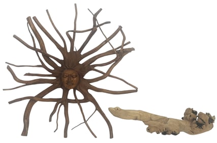 Sunburst Spirit & Lizard Form Wooden Sculptures