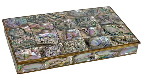 Vintage Brass Abalone & Wood Cigar Box
