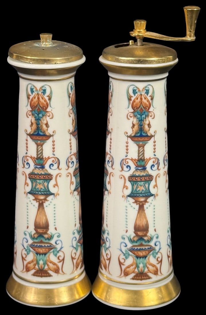 Pair of Lenox Porcelain Salt & Pepper Shakers: Pair of Lenox salt and pepper shakers featuring tall tapered porcelain bodies with vibrant neoclassical-inspired motifs in rich tones of teal, rust, and gold. Each shaker is adorned with a gold-toned