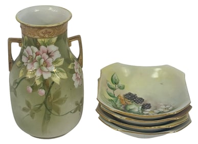 Nippon Floral Porcelain Vase & Dishes 5pc LOT