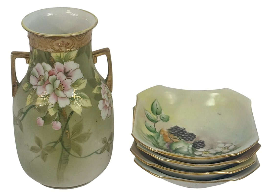 Nippon Floral Porcelain Vase & Dishes 5pc LOT (1 of 10)