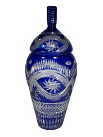 Bohemian Cobalt Blue-to-Clear Cut Crystal Jar