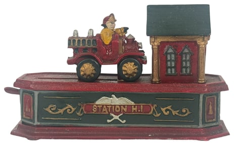 Cast Iron Station H.I. Fire Truck Mechanical Bank