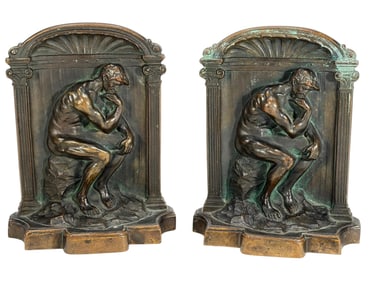 The Thinker after Rodin Bronze Bookends 2pc LOT